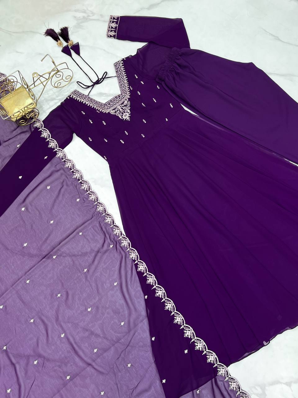 Purple Anarkali suit in soft Fox Georgette with 6.5-meter flair, zari & beads embroidery, lace sleeves & dupatta – stitched & ready-to-wear.