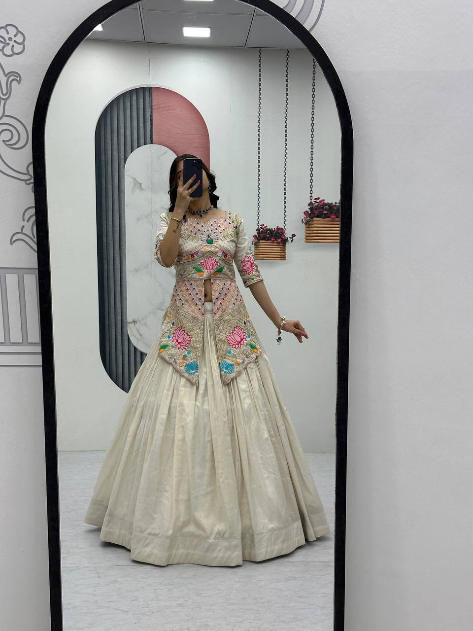 Neerja Off-White Color Cosmos Silk Embroidery Sequence Work Crop Top Lehenga Choli