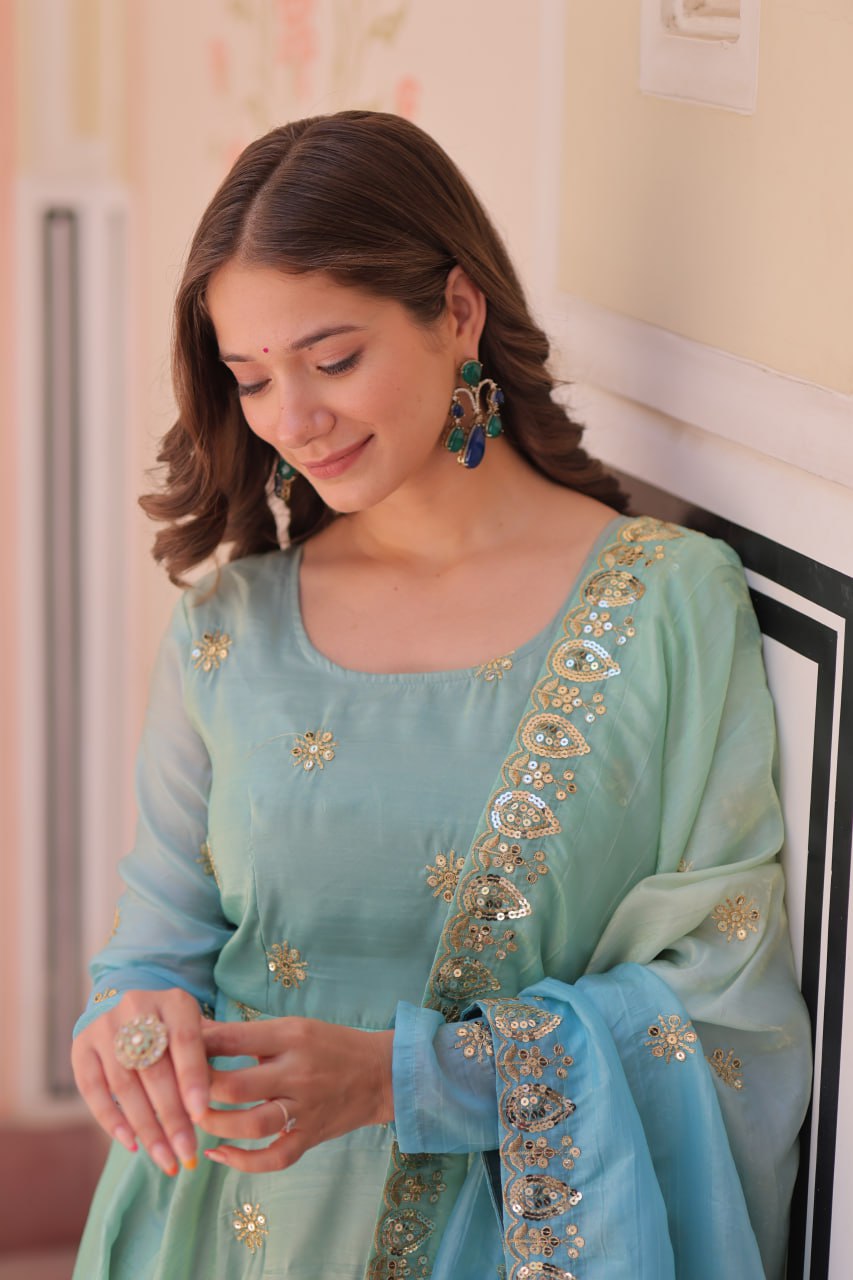 Sky blue organza flair sequins zari embroidery gown with dupatta