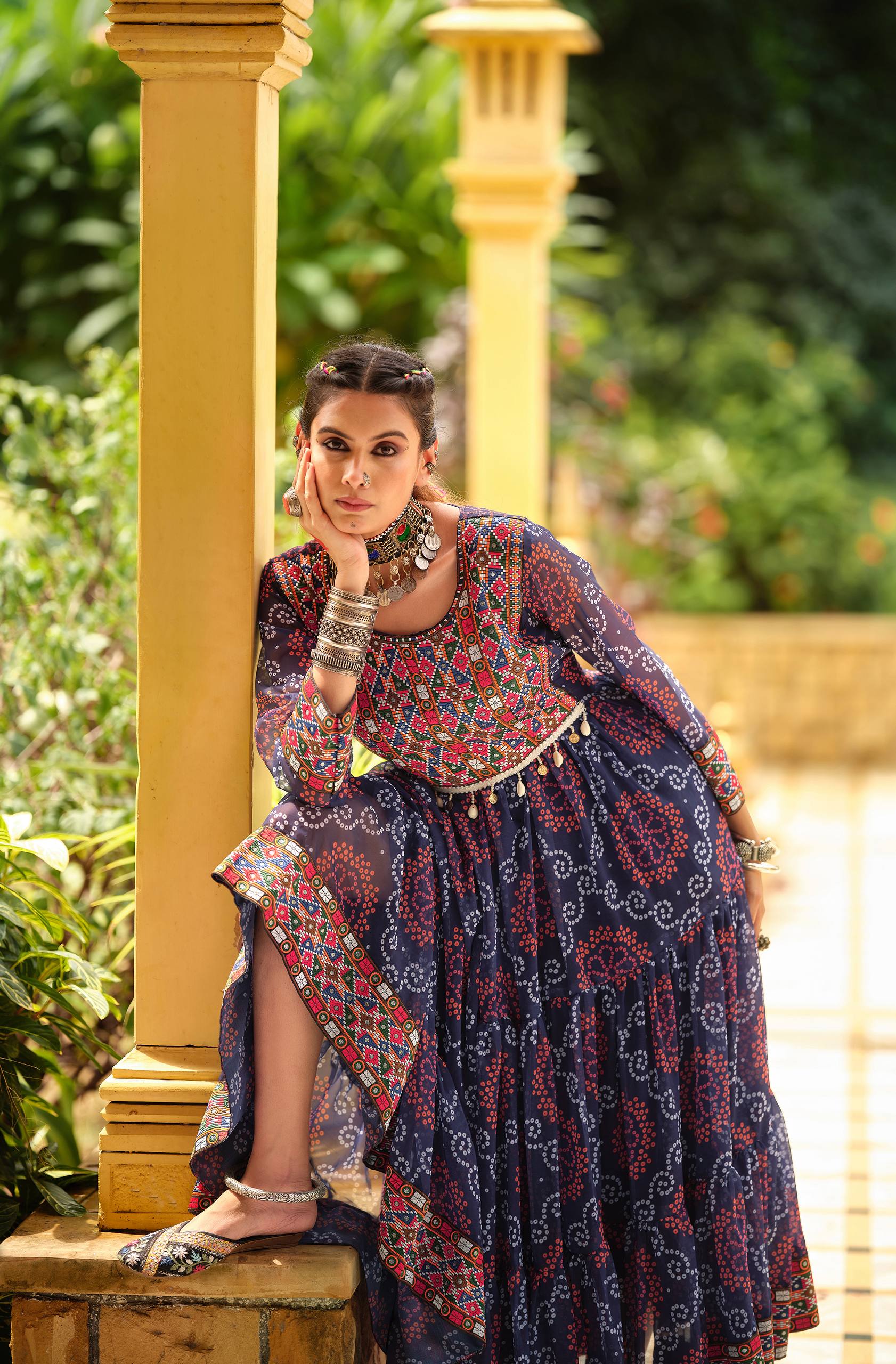 Navy Blue Faux Georgette Gamthi Jacquard Weaving Lace Border Three Layer Ruffle Flair Gown