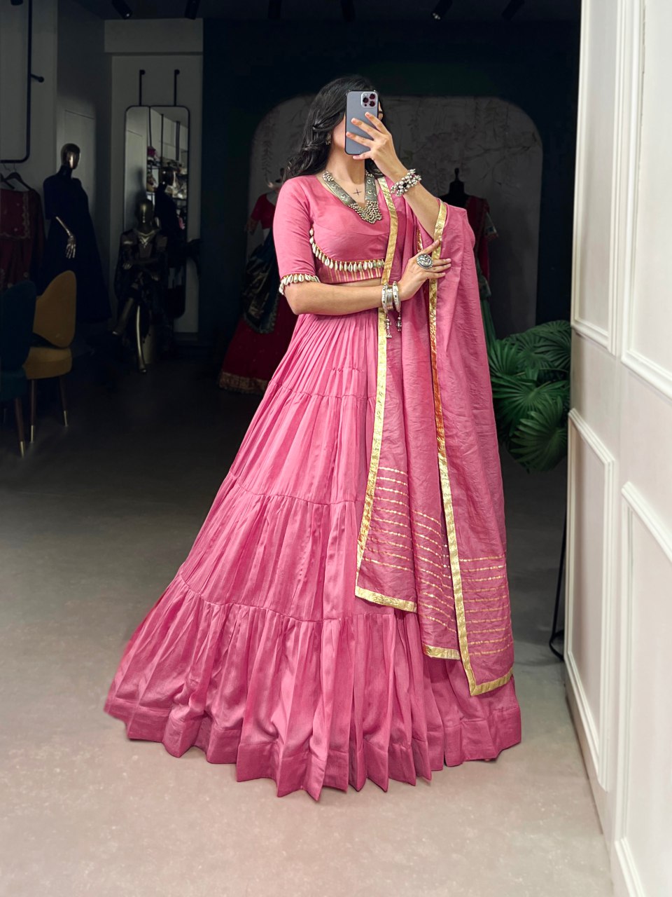 Pink Pure Chanderi Cowrie Work Lehenga Choli With Dupatta