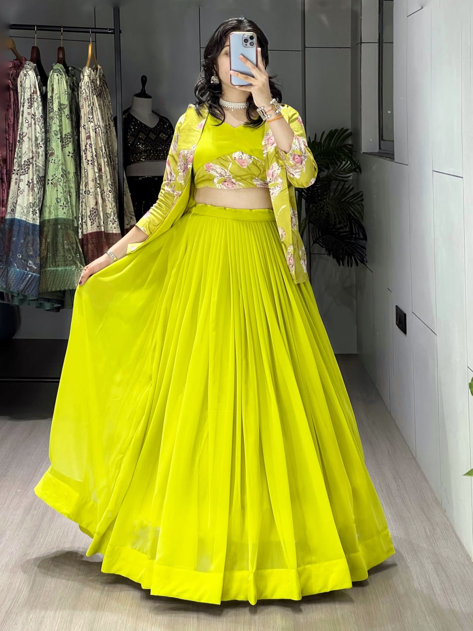 Alka Neon Yellow Color Georgette Foil Printed Lehenga Choli with Koti