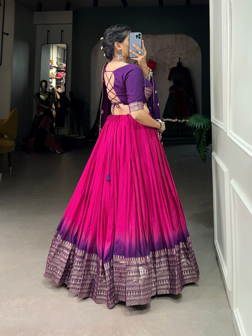 Pink Chanderi zari weaving lehenga choli with Bandhej print dupatta