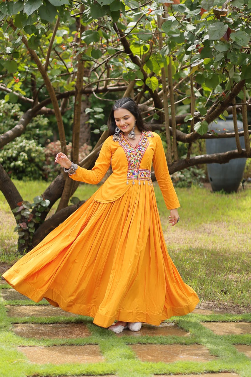 Misty Yellow Rayon Kutchi Gamthi Work Navratri Gown