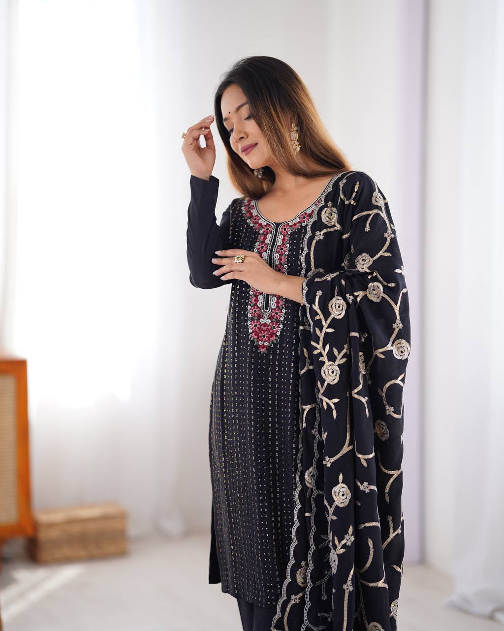 Shop this embroidered kurti with pants and dupatta – a stunning chinon silk ethnic wear, fully stitched kurti set online for festive wear for women.