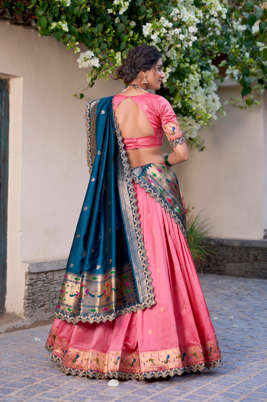 Onion Pink Jacquard Silk Paithani Lehenga Choli with Dupatta & Batwa