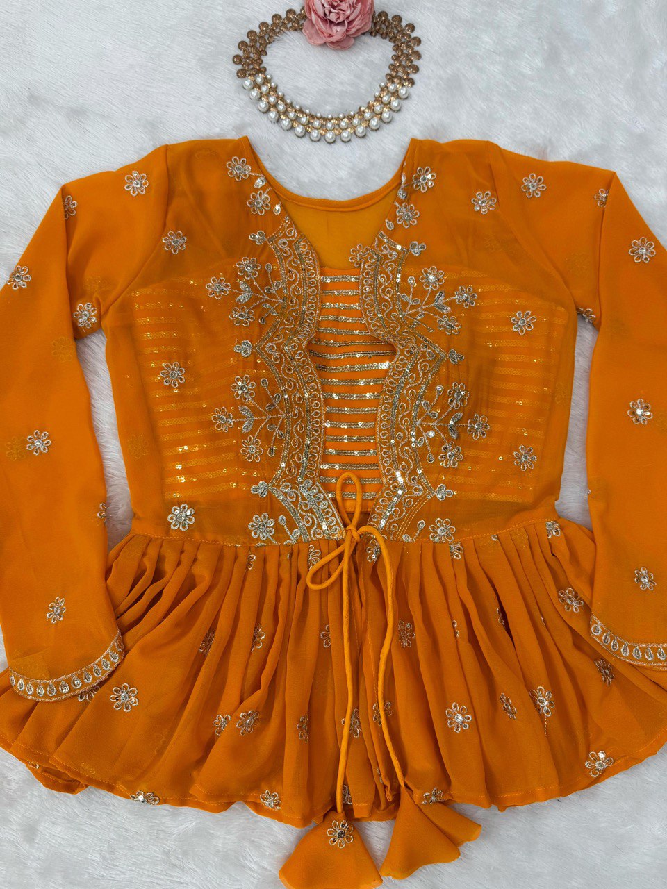 Yellow lehenga choli for Haldi, embroidered georgette lehenga with jacket, digital print lehenga, wedding lehenga set, Trinaari festive wear.