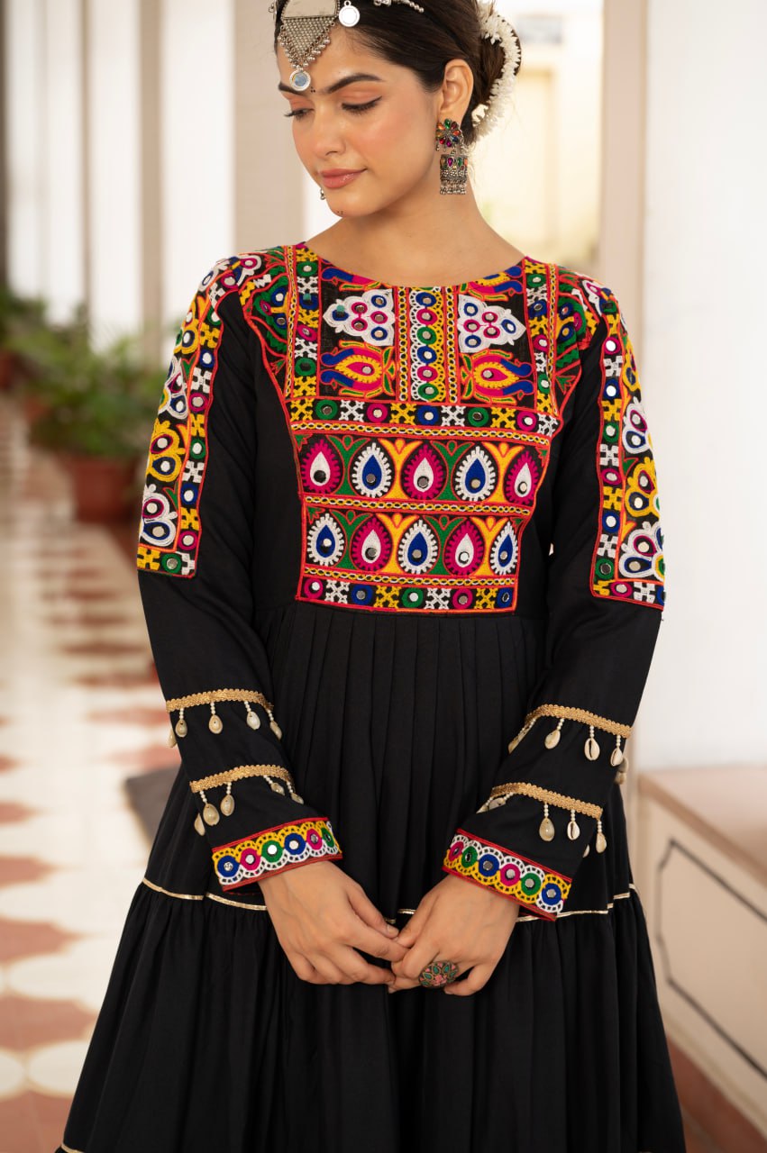Black Kora Cotton Kutchi Gamthi Mirror Work and Kodi Lace Gown