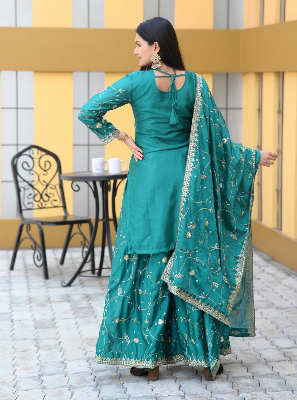 Keisha Teal Chinon Embroidered Kurti Sharara Set