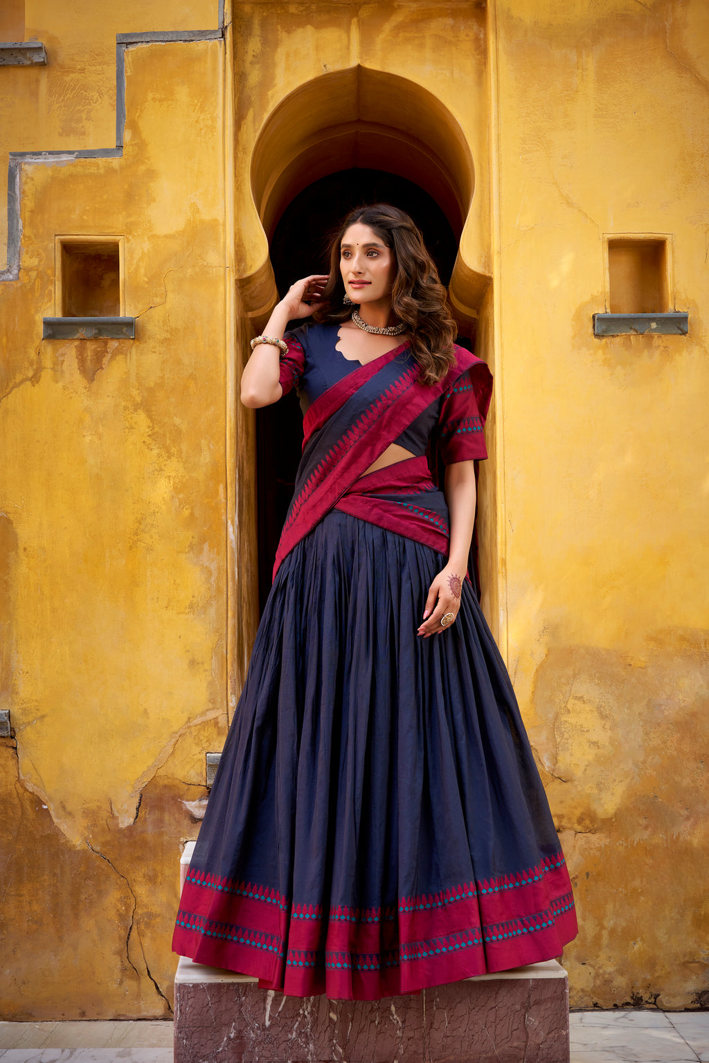 Swastika navy blue pure Chanderi thread work half saree lehenga