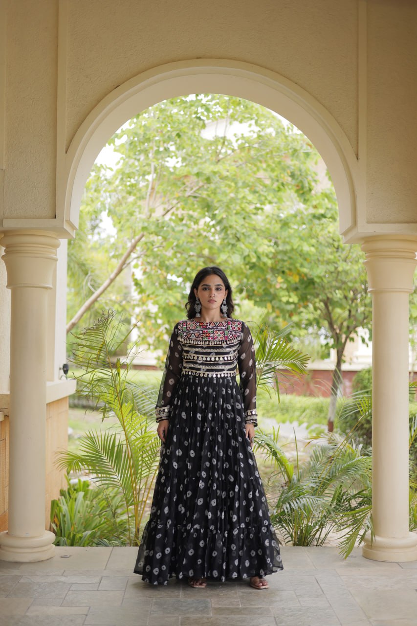 Lavanya Black Faux Georgette Bandhani Kutchi Patchwork Gown