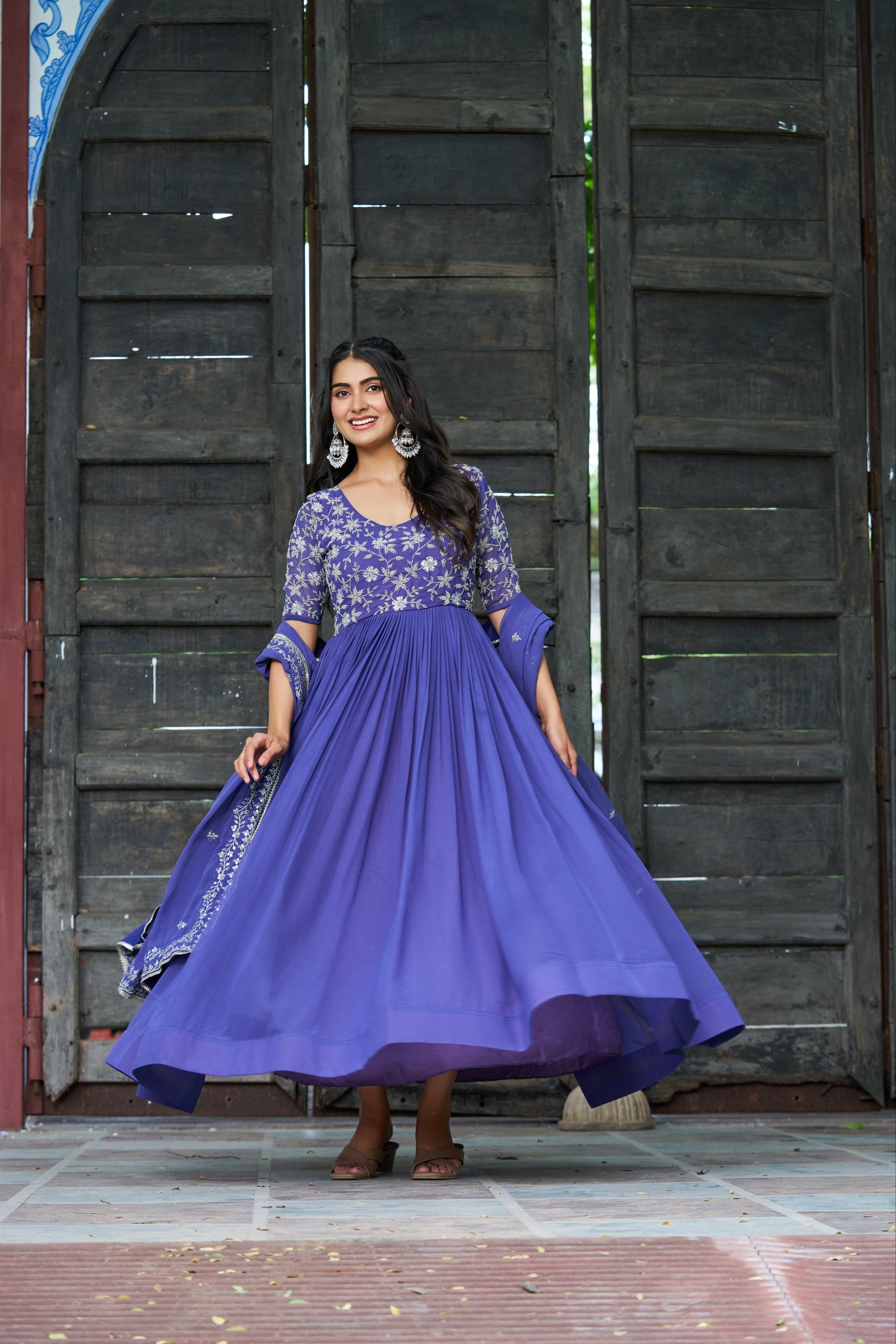 Rahi Lavender Color Faux Blooming Sequins Beads Embroidered Gown with Dupatta