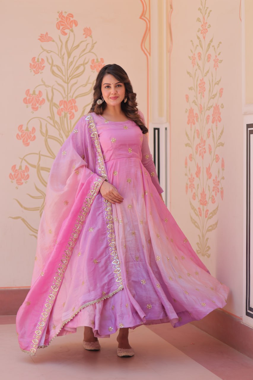 Pink Organza Flair Sequins Zari Embroidery Gown with Dupatta