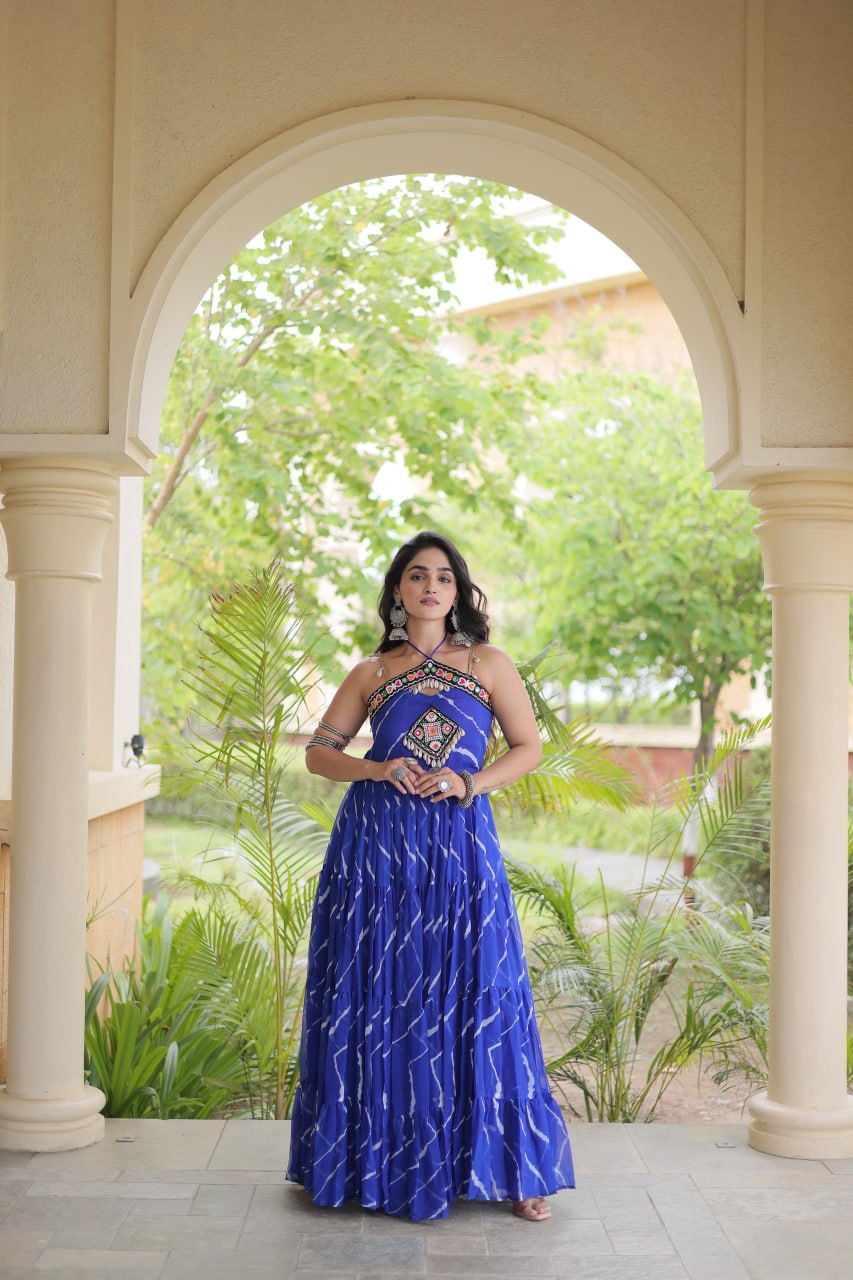 Bhavna Blue Faux Georgette Laheriya Kutchi Patchework Gown