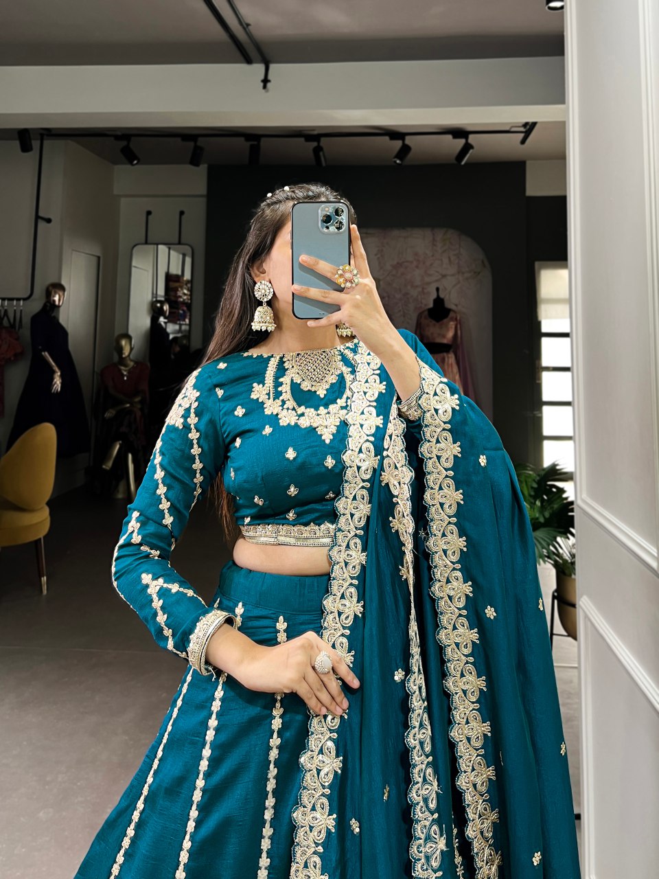 Sravya teal vichitra silk sequins embroidered lehenga set