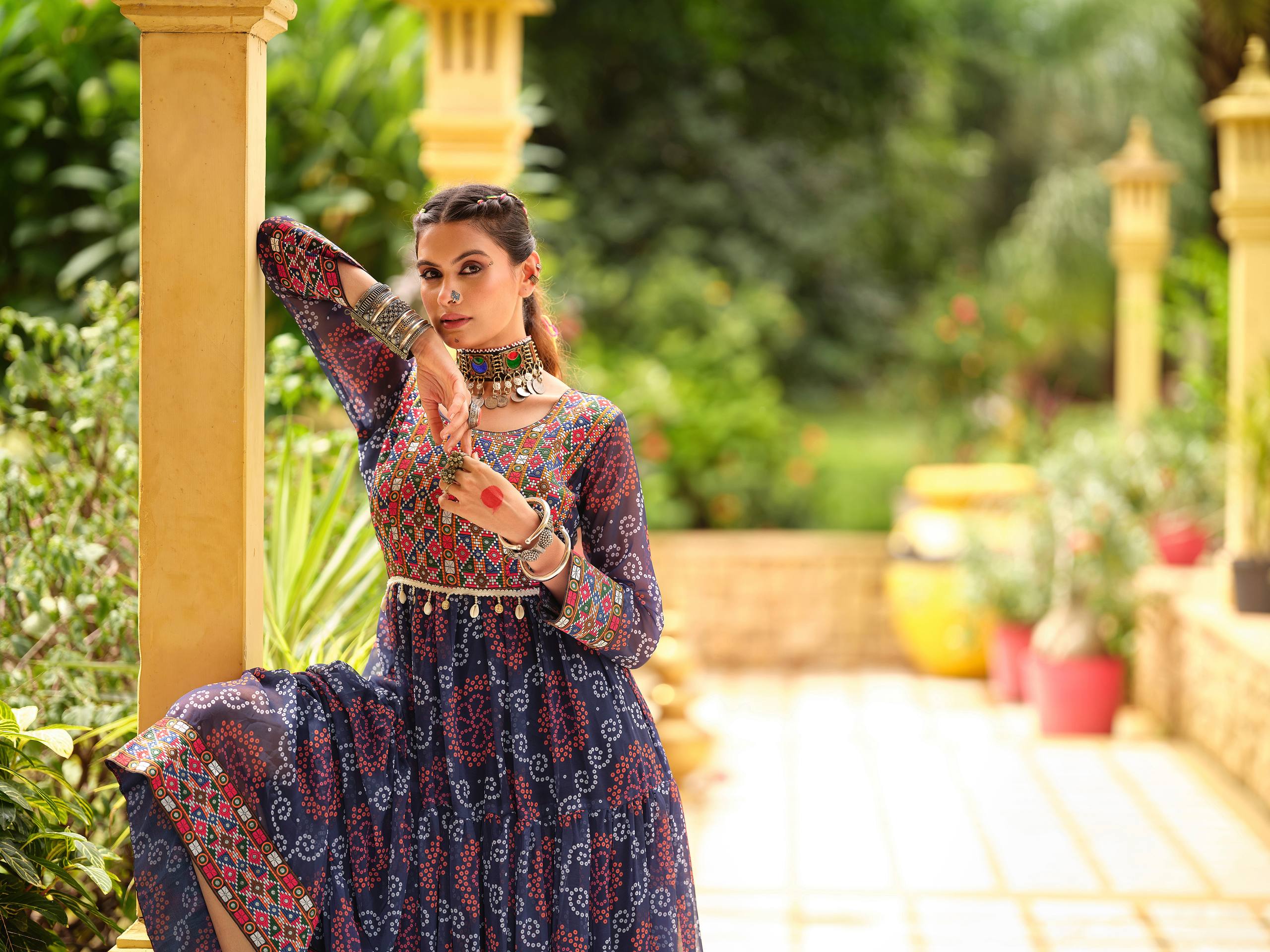 Navy Blue Faux Georgette Gamthi Jacquard Weaving Lace Border Three Layer Ruffle Flair Gown