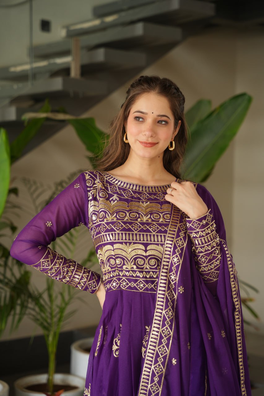 Purple Chinnon gown set with multi-colored sequins and beads embroidery, full sleeves, and matching embroidered dupatta – ideal for festive and wedding occasions