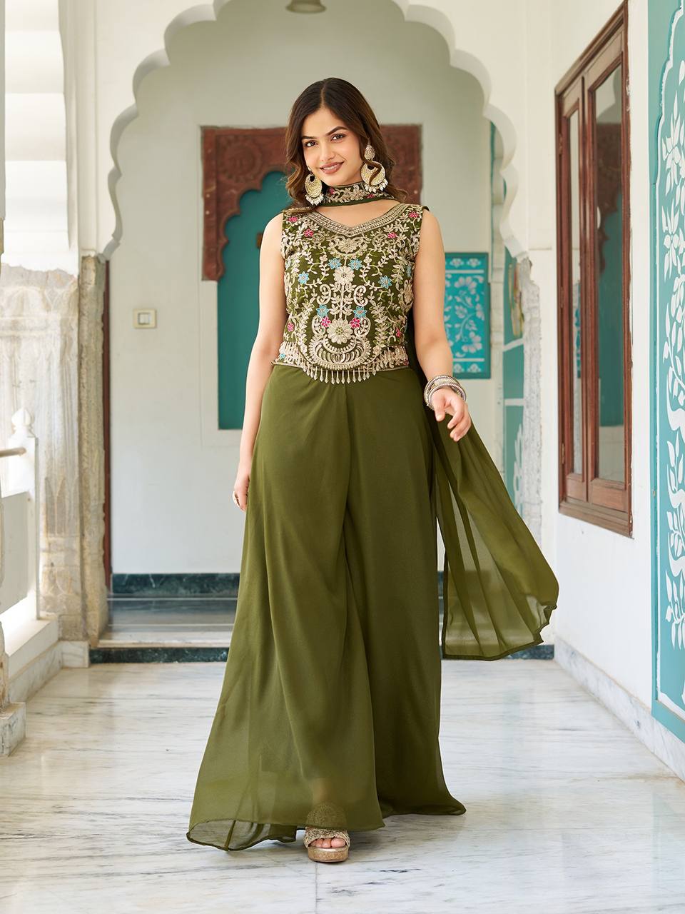 Stuti Olive Green Star Georgette Sequins Thread Embroidery Work Top Palazzo Set