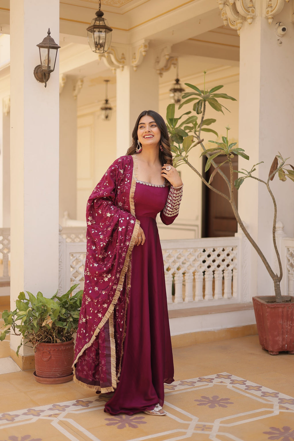 Aparajita Magenta Vichitra Silk Anarkali Gown Set