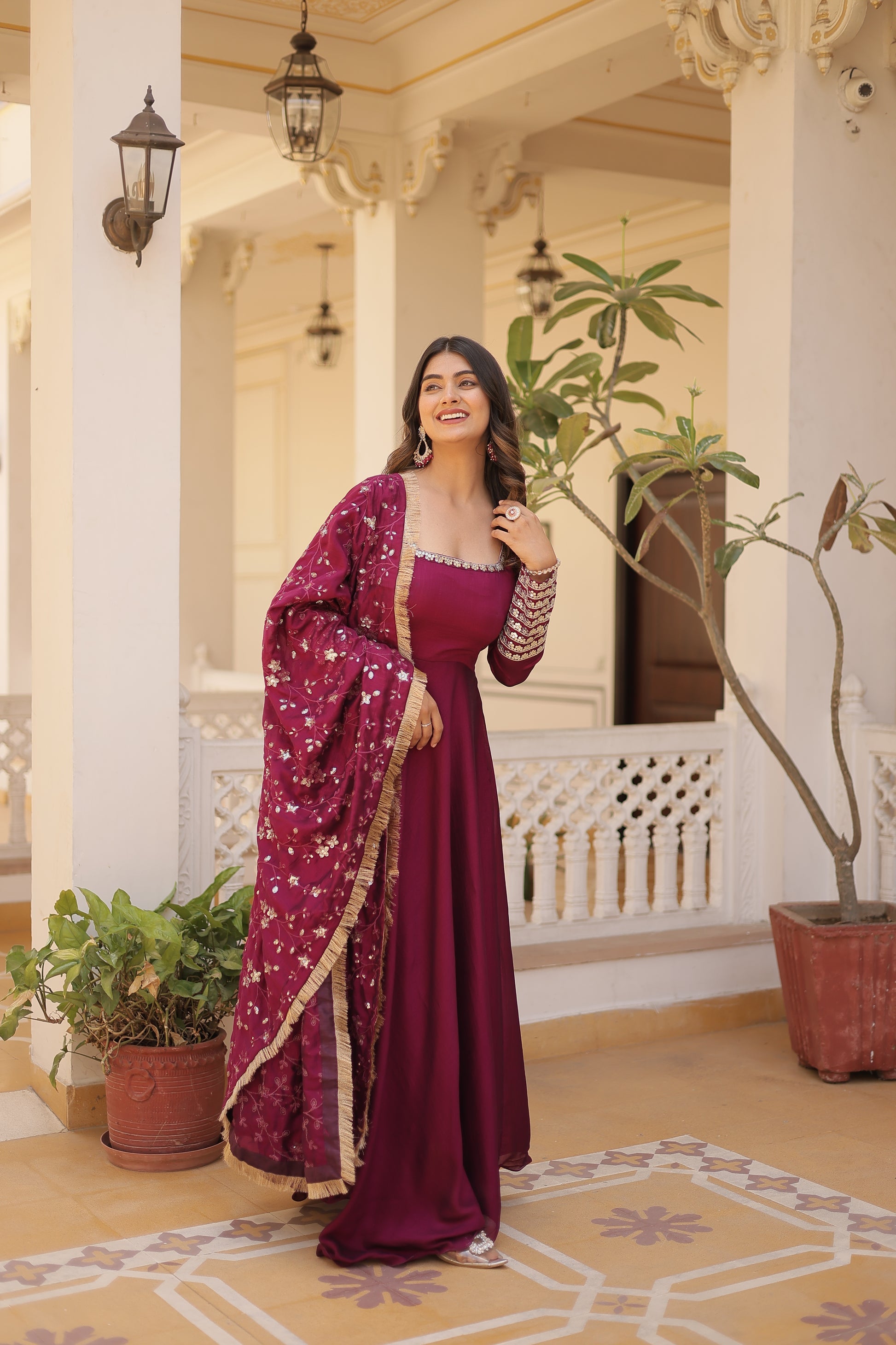 Aparajita Magenta Vichitra Silk Anarkali Gown Set