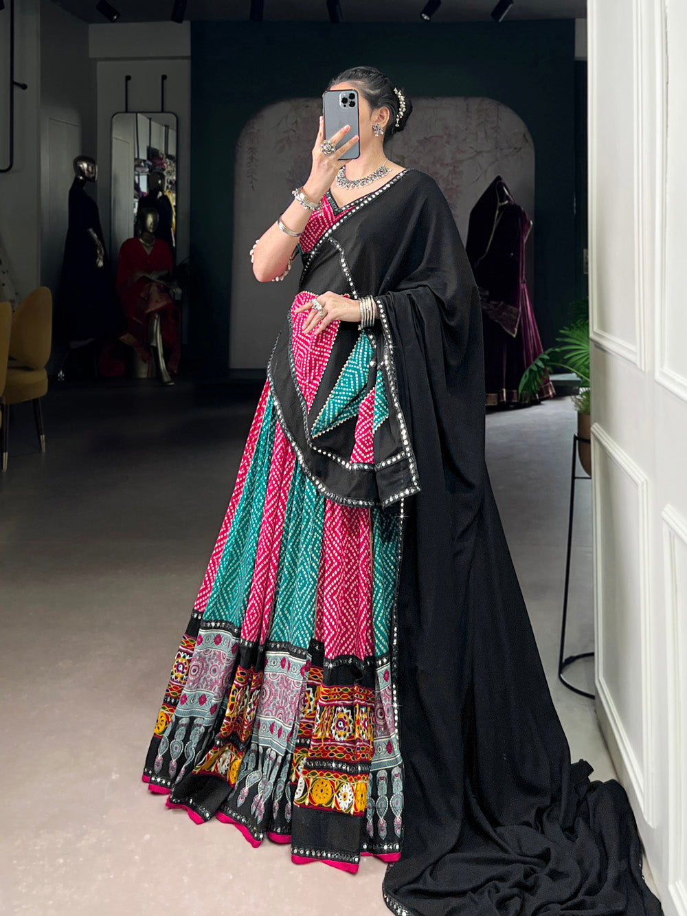 Black-Pink Pure Rayon Bandhej Ajrakh Gamthi Mirror Work Lehenga Choli