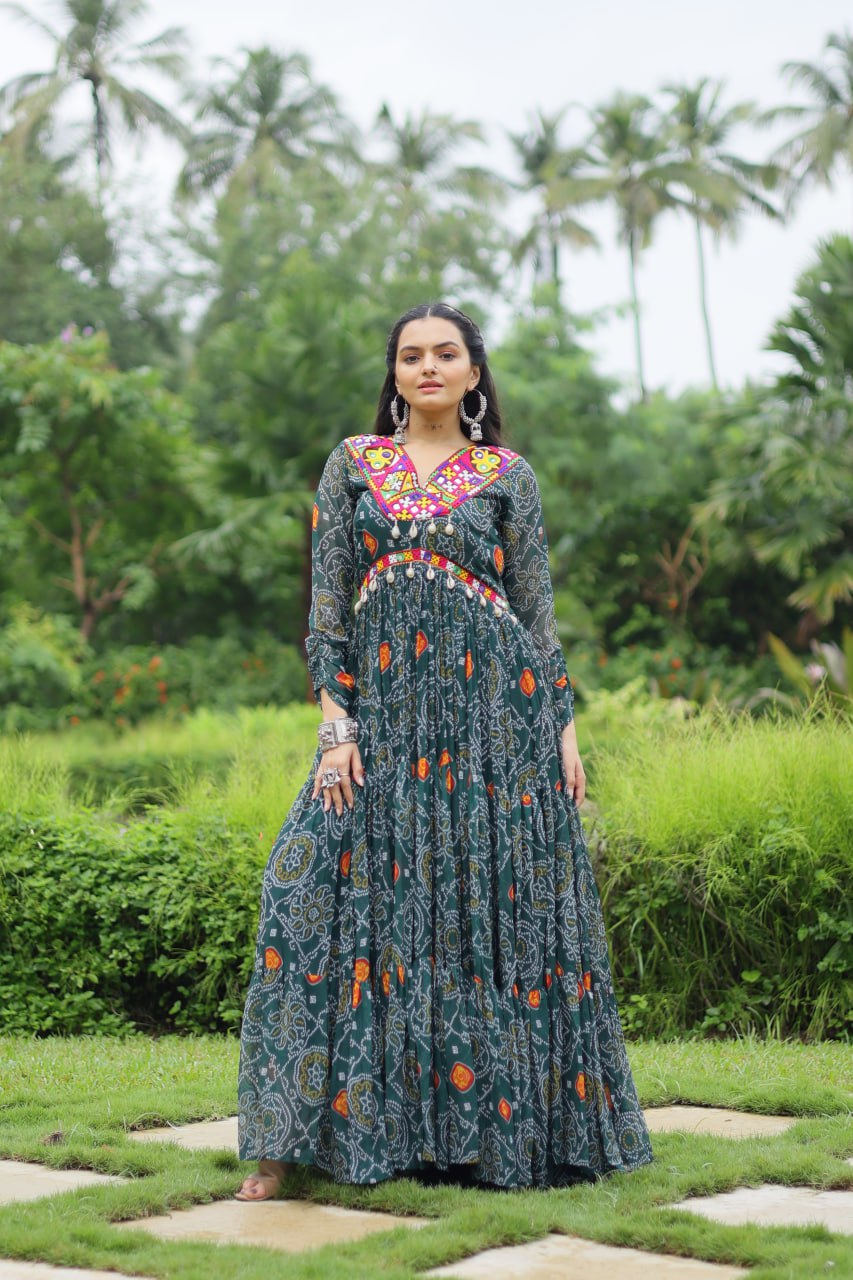 Dhruvi Green Georgette Bandhani Printed Navratri Gown
