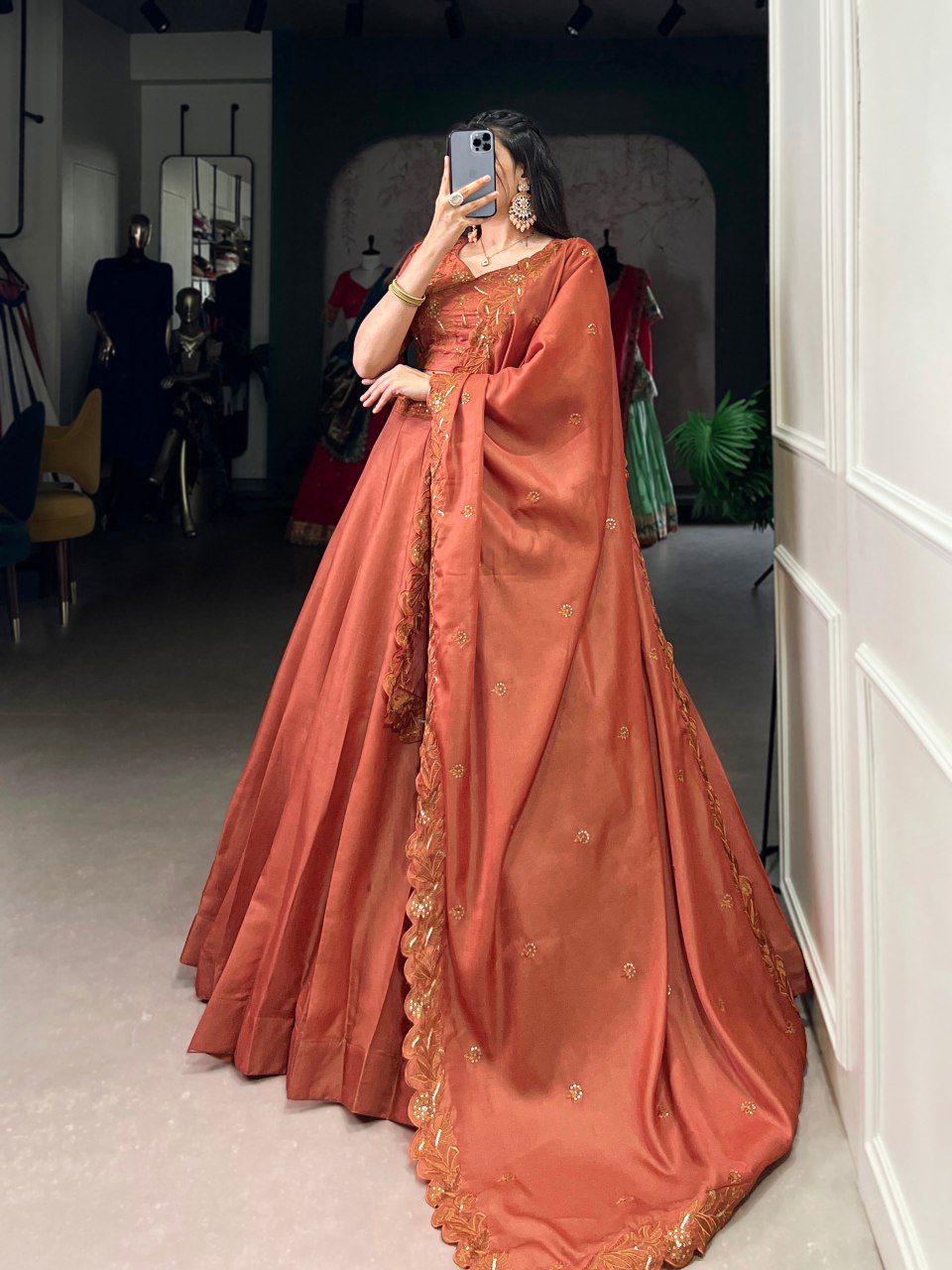 Rust orange Tussar silk sequins and thread embroidery lehenga choli