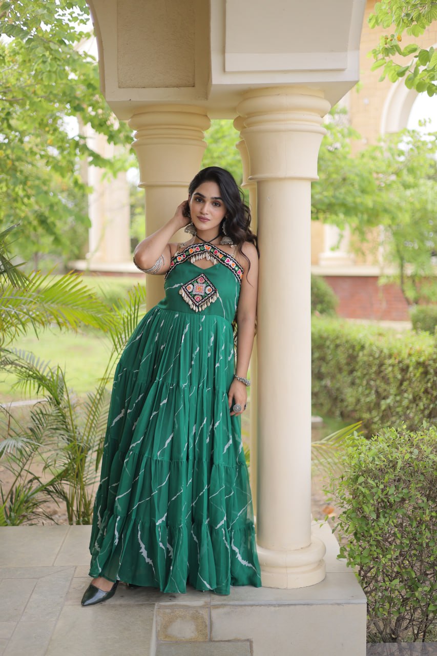Bhavna Green Faux Georgette Laheriya Kutchi Patchework Gown
