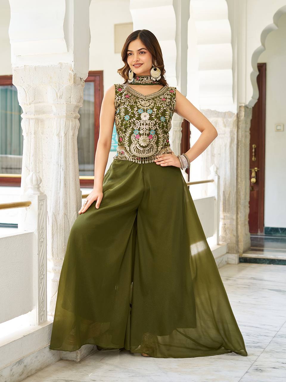 Stuti Olive Green Star Georgette Sequins Thread Embroidery Work Top Palazzo Set