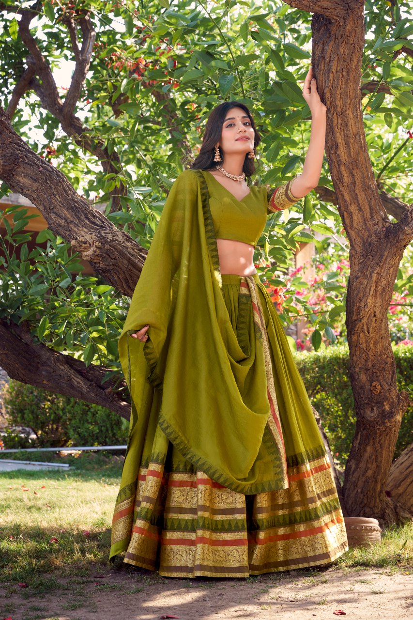 Green Pure Chanderi Lehenga Choli with Zari Weaving Work & Dupatta