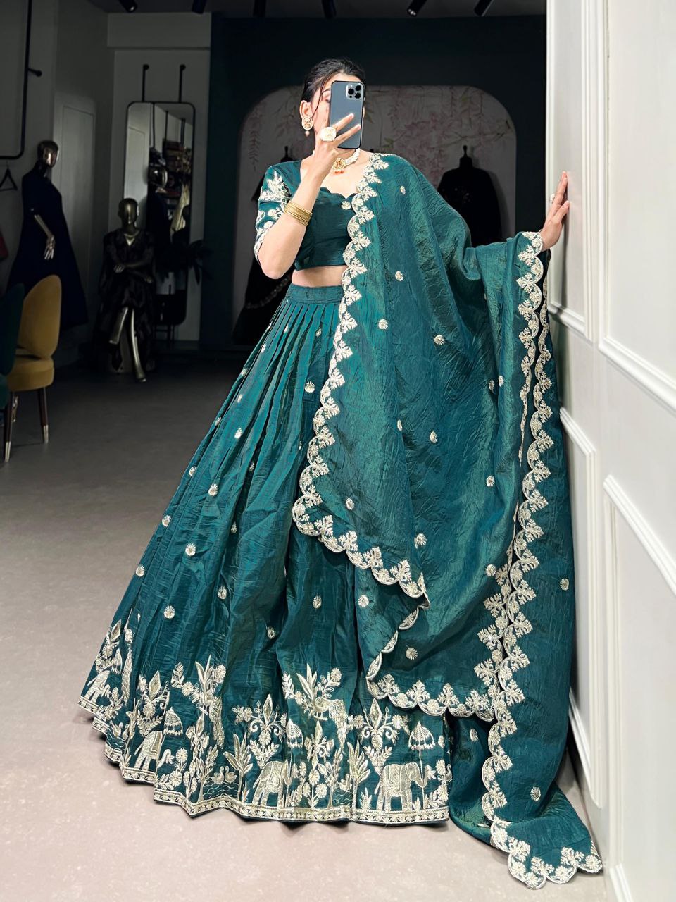 Teal green gold crush sequins thread embroidery work lehenga choli