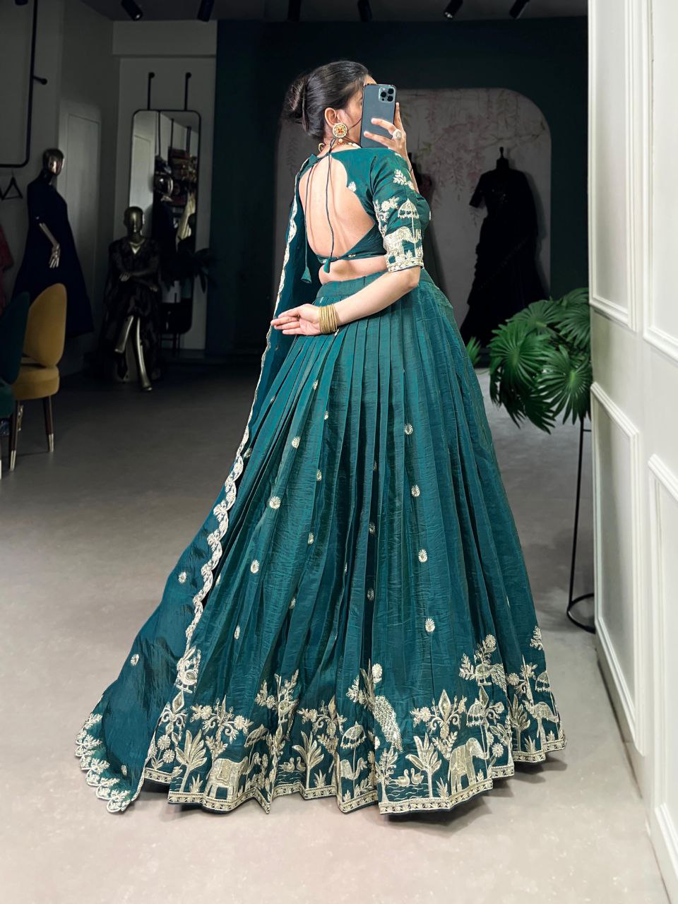 Teal green gold crush sequins thread embroidery work lehenga choli
