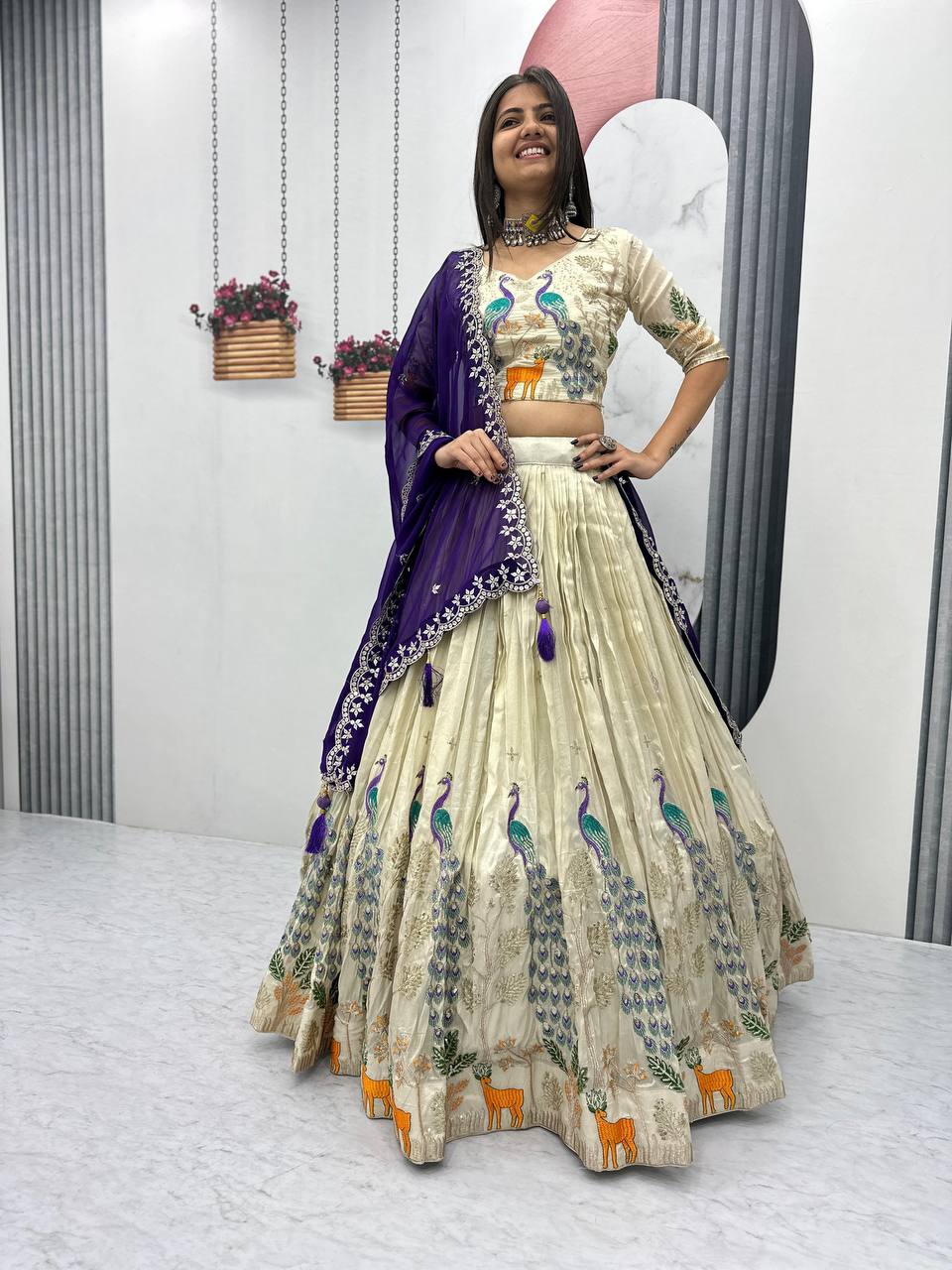 Tarini purple tissue silk embroidered lehenga choli