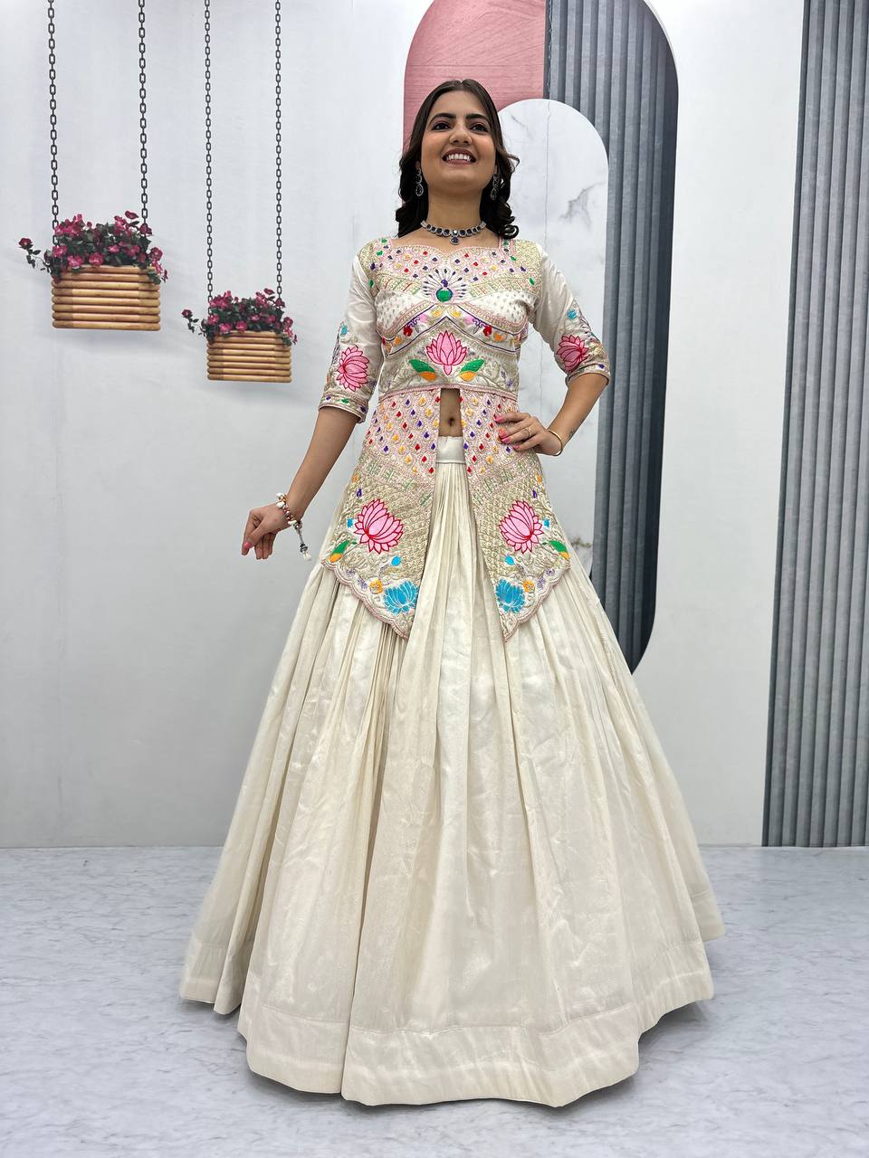 Neerja Off-White Color Cosmos Silk Embroidery Sequence Work Crop Top Lehenga Choli