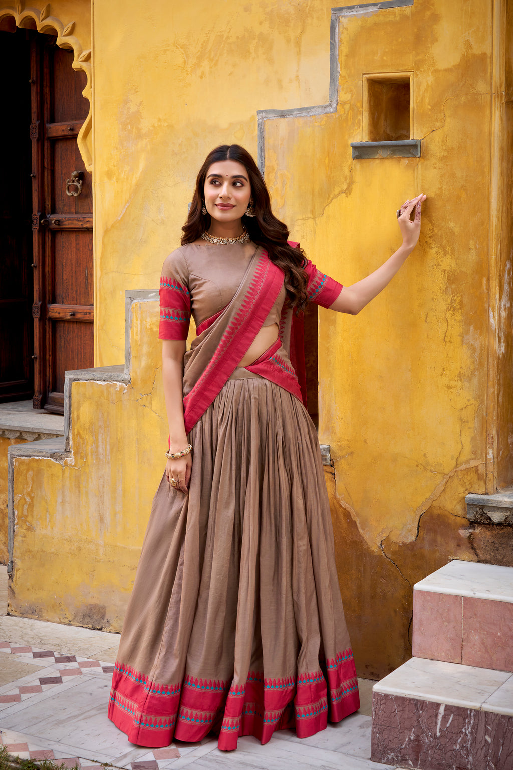 Swastika light brown pure Chanderi thread work half saree lehenga