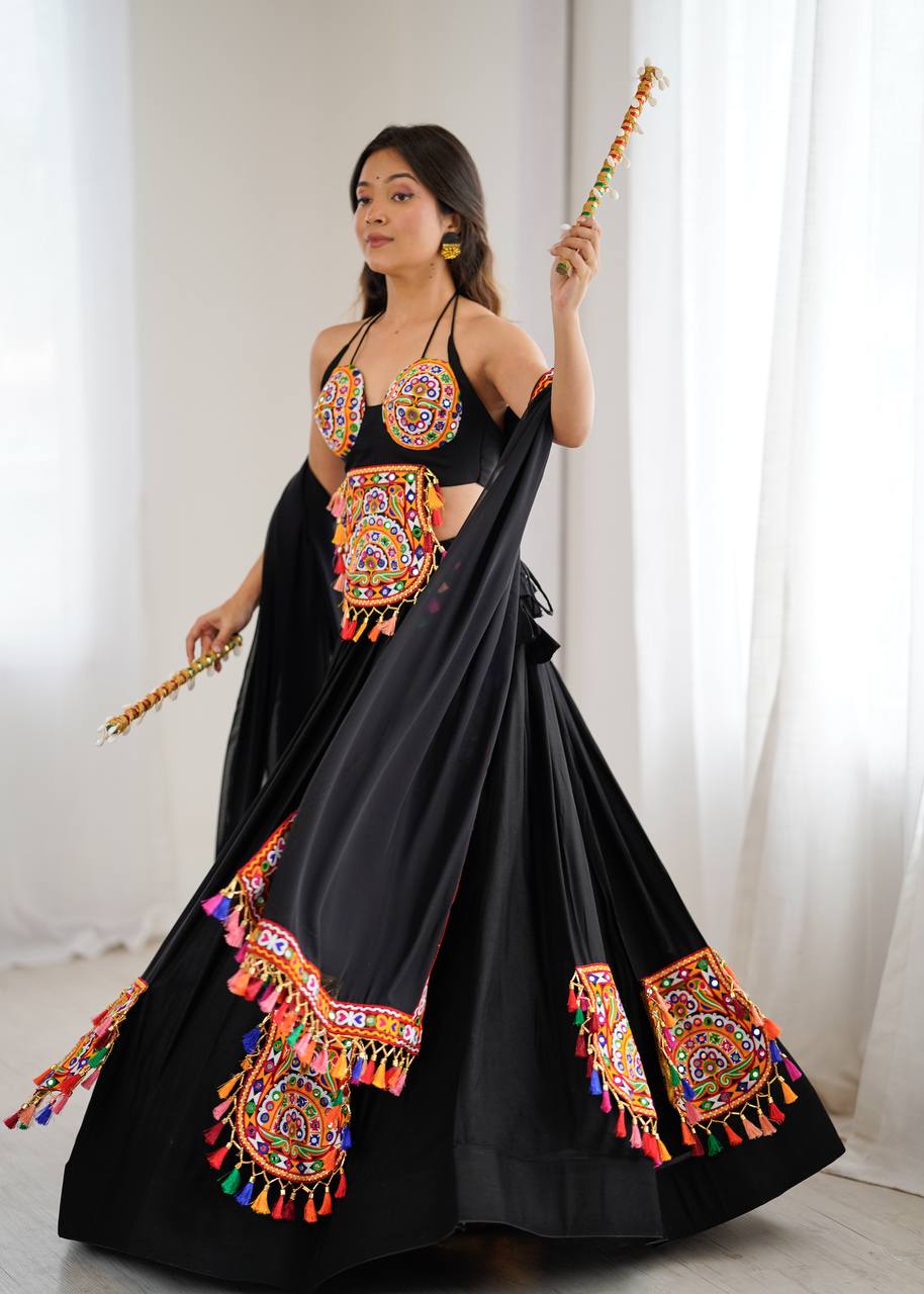 Black Rayon Gamthi Thread Mirror Work Navratri Lehenga Choli with Dupatta