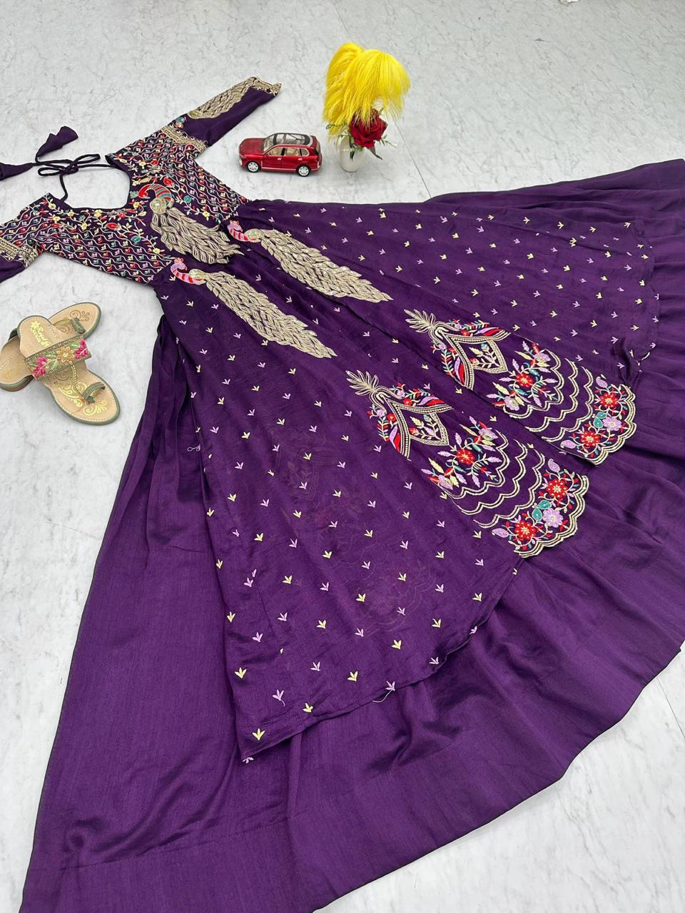 Mani purple Vichitra silk crop top peacock design lehenga with embroidered shrug