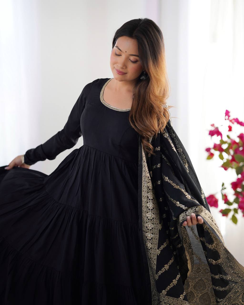 Black Roman Silk Anarkali suit with 9-meter flair, Banarasi dupatta & pant—elegant festive wear for weddings, parties & traditional occasions.