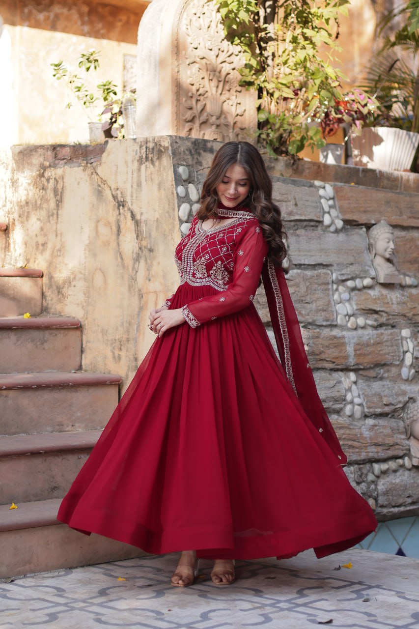 Chamvika Maroon Embroidered Gown Set with Dupatta – long gown for women, party wear gown for wedding, Indian gown for women, maroon gown for engagement, full sleeve ethnic gown, designer gown with dupatta, sequin gown for festival, traditional wear for women, Indo western gown online, stylish Indian dress for sangeet function, ready-to-wear ethnic gown for women.