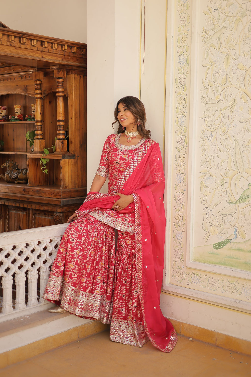 Krishnapriya Rani Pink Viscose Embroidered Kurti Gharara Set