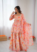 Orange pure soft taby organza floral print Kediya kurta set