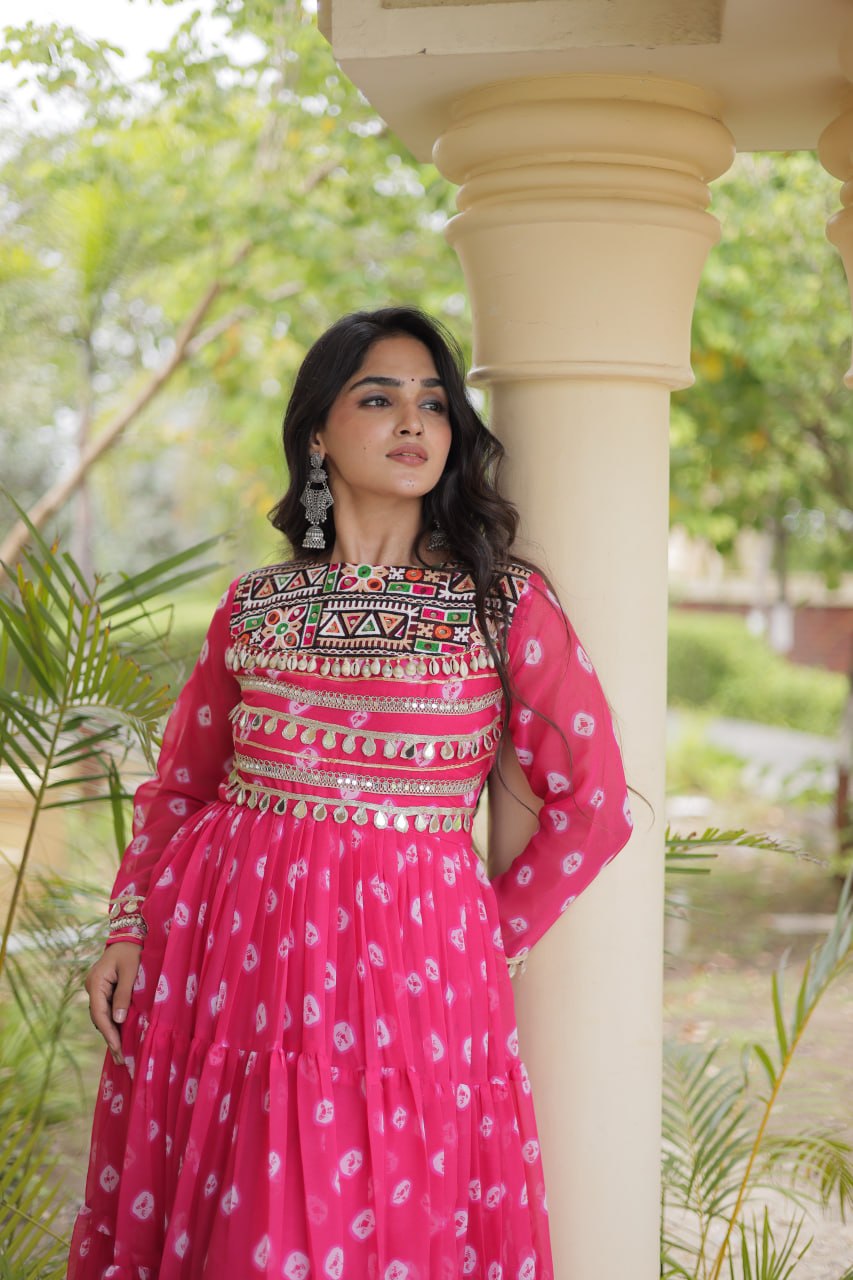 Lavanya Pink Faux Georgette Bandhani Kutchi Patchwork Gown