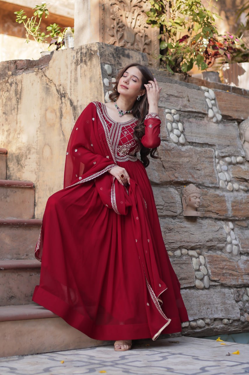 Chamvika Maroon Embroidered Gown Set with Dupatta – long gown for women, party wear gown for wedding, Indian gown for women, maroon gown for engagement, full sleeve ethnic gown, designer gown with dupatta, sequin gown for festival, traditional wear for women, Indo western gown online, stylish Indian dress for sangeet function, ready-to-wear ethnic gown for women.