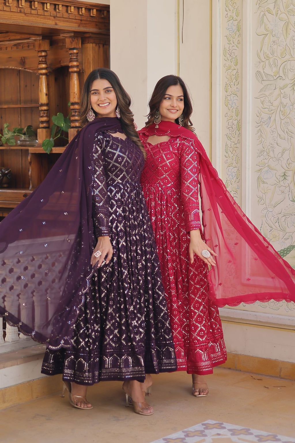 Radiant pink floral gown with dupatta set