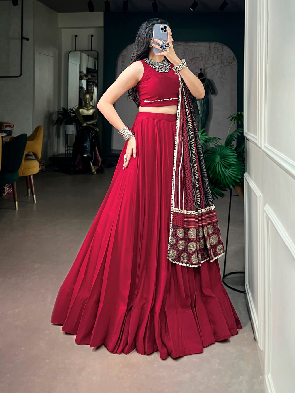 Nandini Red Reyon Mirror Lace Lehenga Choli