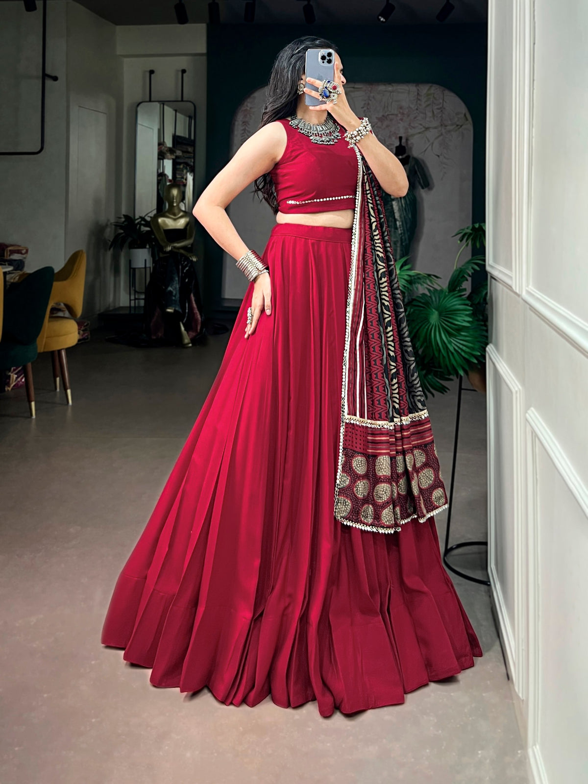 Nandini Red Reyon Mirror Lace Lehenga Choli
