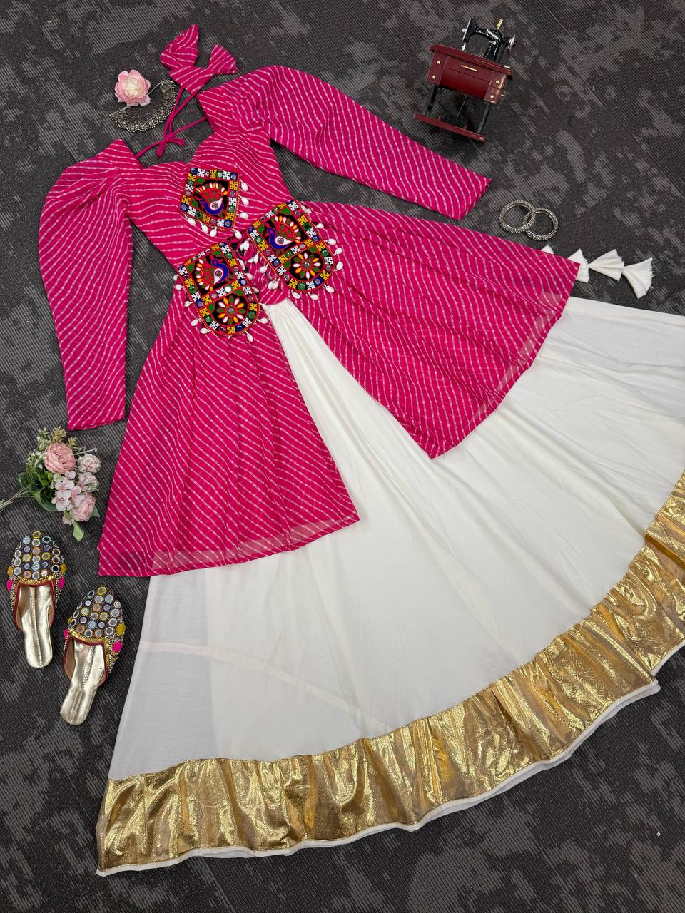Pink Georgette Top with Digital Print and Thread Work Butter Silk Gota Patti Work Lehenga