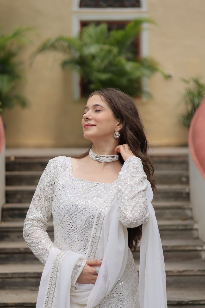 Lavya White Georgette Embroidered Kurti Sharara Set