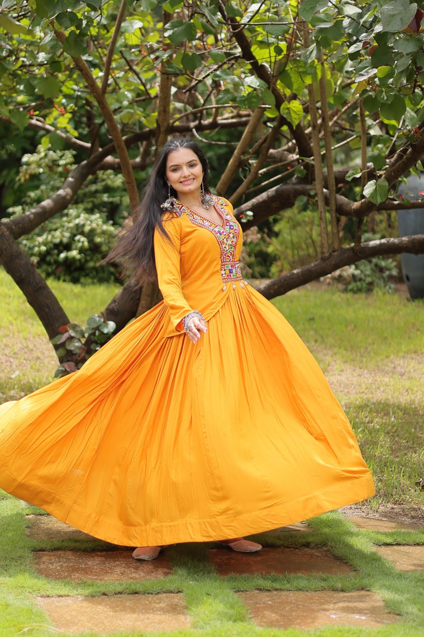 Misty Yellow Rayon Kutchi Gamthi Work Navratri Gown