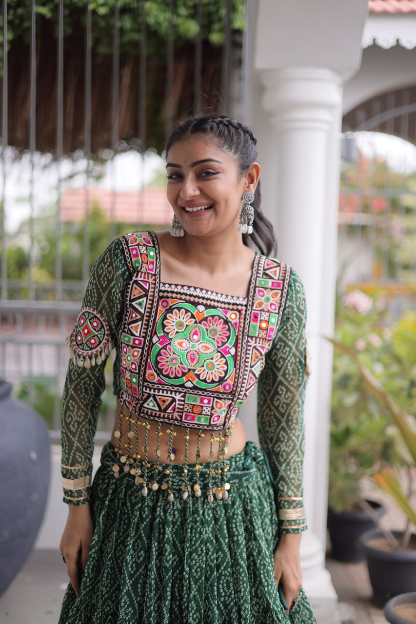 Anjali Green Faux Georgette Bandhani Kutchi Patchework Lehenga